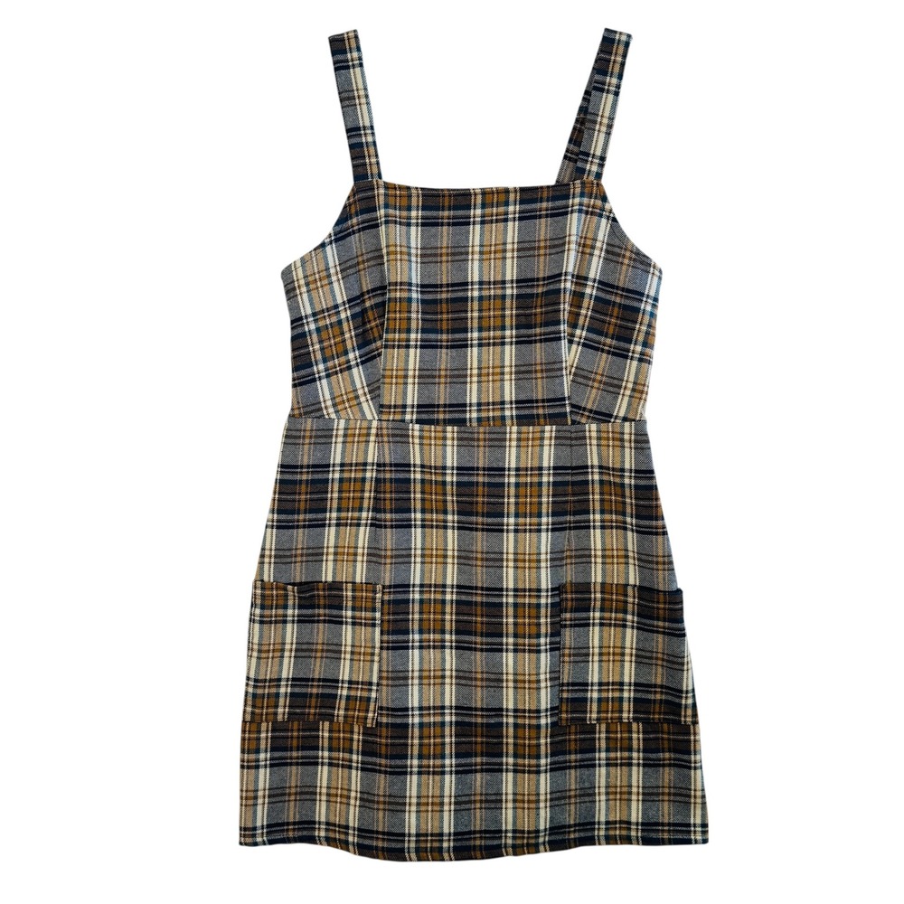 American Eagle Plaid Pinafore Dress Made in Italy Brown Navy Sz M‎ Pockets Mini